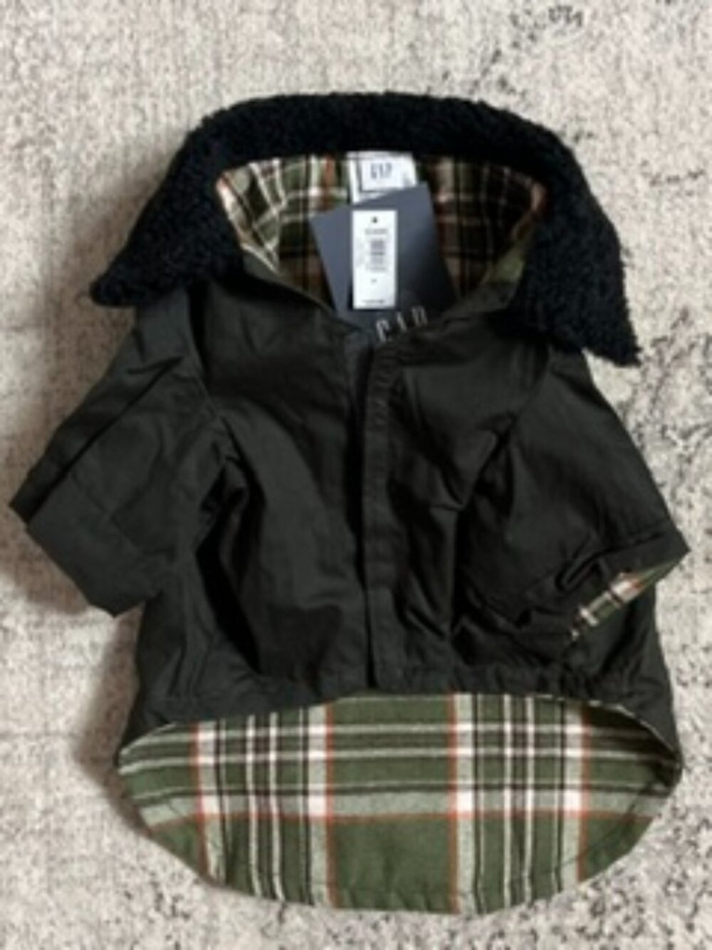 NWT Gap Dog Coat Faux Fur Collar Green Plaid Lining XS